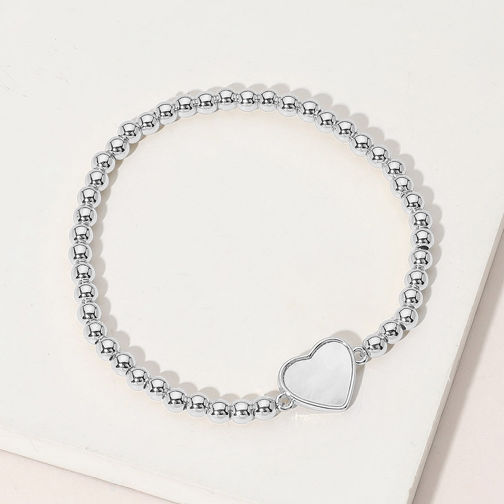 Silver Heart Mother Of Pearl Stainless Steel Metal Ball Beaded Pendant Bracelet